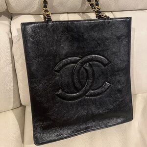 Shiny Aged Calfskin North South Shopping Bag Black $3,100